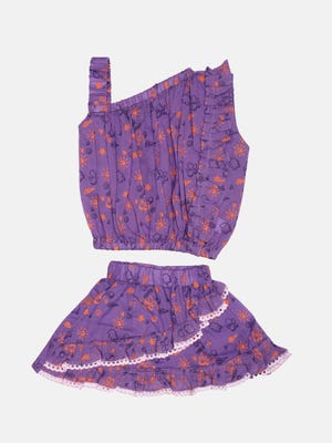 Purple Printed Voile Skirt Top Set