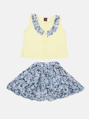 Yellow Printed Voile Skirt Top Set
