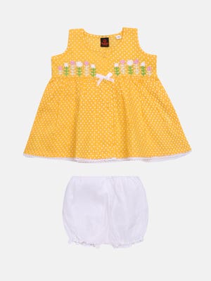 Yellow Printed and Embroidered Cotton Frock Set