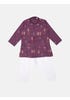 Purple Printed and Embroidered Viscose-Cotton Panjabi Pajama Set