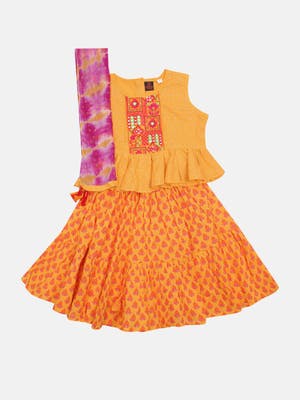 Orange Tie-Dyed and Embroidered Ghagra Choli Set