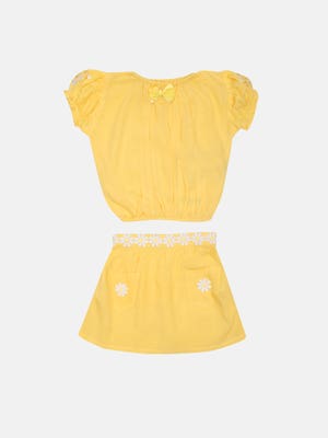 Yellow Embroidered Linen Skirt Top Set
