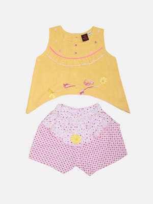Yellow Printed and Embroidered Cotton Pant Top Set