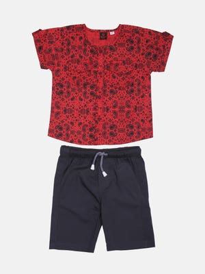 Red Printed Cotton Shirt Pant Set