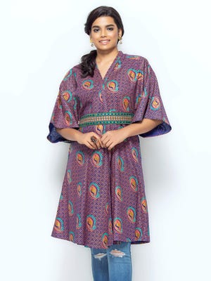 Purple Printed and Embroidered Cotton Long Coat
