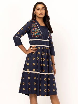 Navy Blue Dyed and Embroidered Cotton Taaga Dress