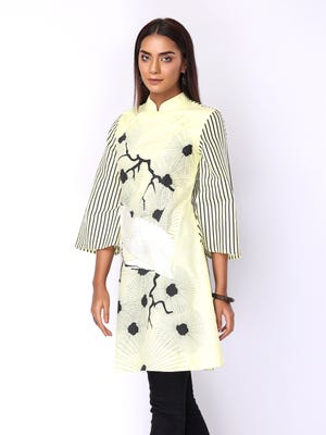 Yellow Printed and Embroidered Handloom Viscose-Cotton Taaga Tunic