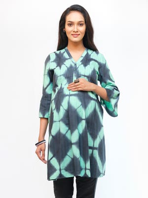 Mint Green Tie-Dyed Dobby Textured Viscose-Cotton Maternity Tunic 