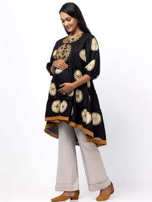 Black Printed And Embroidered Viscose-Cotton Maternity Tunic