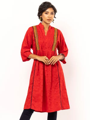 Red Embroidered Viscose-Cotton Taaga Dress