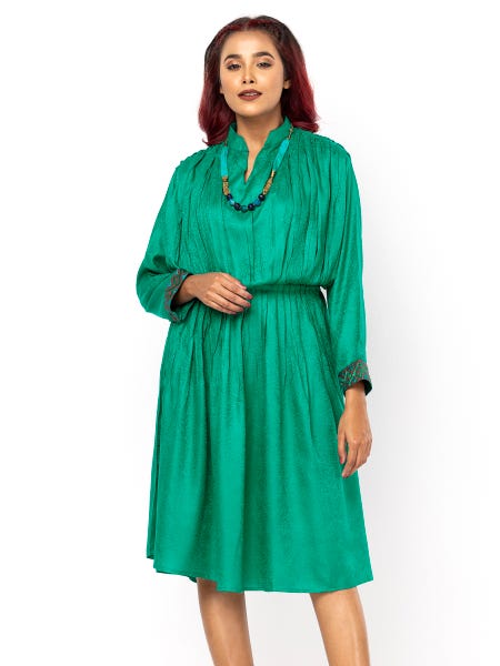 Green Embroidered Textured Viscose Taaga Dress