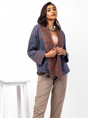 Blue-Grey Printed and Embroidered Cotton Shrug
