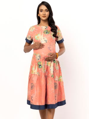 Salmon Pink Textured Printed Viscose-Cotton Maternity Dress