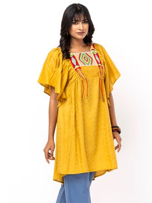 Mustard Yellow Printed and Embroidered Viscose-Cotton Taaga Top