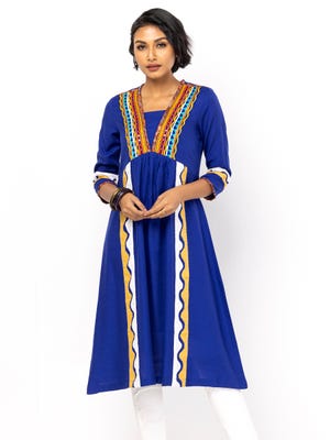 Blue Appliqued and Embroidered Jacquard Viscose-Cotton Taaga Dress