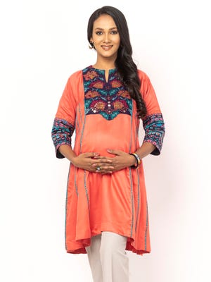 Coral Printed and Embroidered Viscose Taaga Maternity Top