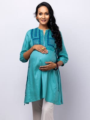 Teal Embroidered Viscose-Cotton Taaga Maternity Tunic