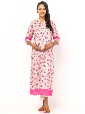 Dusty Pink Printed Cotton Taaga Maternity Sleepwear