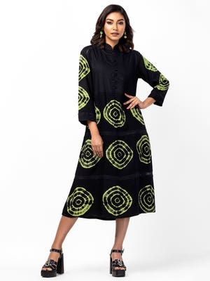 Black Tie-Dyed Embroidered Viscose Taaga Dress