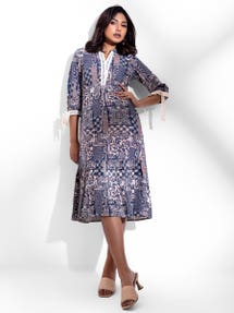 Beige/Navy Blue Printed Viscose-Cotton Taaga Dress