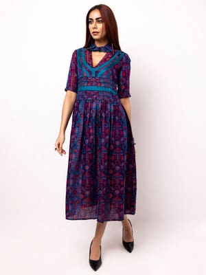 Purple Handloom Embroidered Cotton Taaga Dress