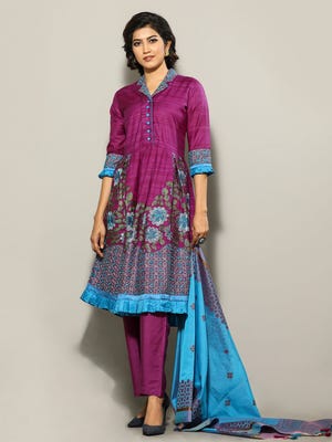 Purple Printed and Embroidered Shalwar Kameez Set