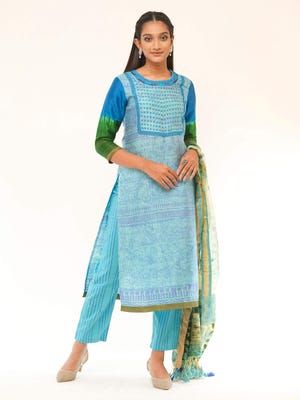 Blue Tie-Dyed and Embroidered Silk Shalwar Kameez Set