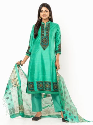 Green Printed and Embroidered Endi Silk Shalwar Kameez