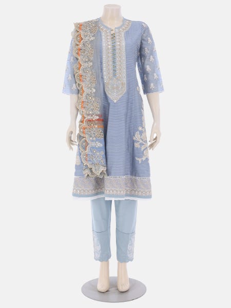 Pastel Blue Printed and Embroidered Muslin Shalwar Kameez
