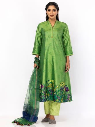 Green Printed And Embroidered Silk Shalwar Kameez Set