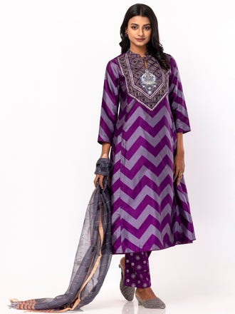 Purple Printed and Embroidered Silk Shalwar Kameez