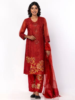 Red Printed and Embroidered Endi Muslin Shalwar Kameez