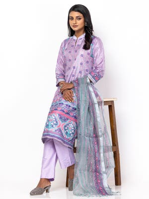 Lavender Printed and Embroidered Silk-Muslin Shalwar Kameez
