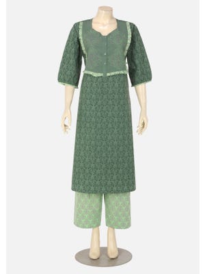 Sage Green Printed and Embroidered Cotton Nightwear