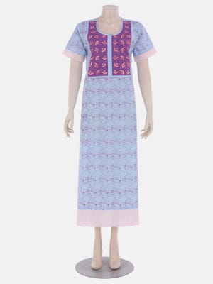 Blue Printed and Embroidered Voile Nightwear
