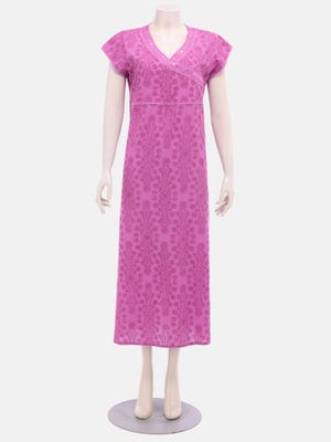 Pink Printed and Embroidered Linen Nightwear