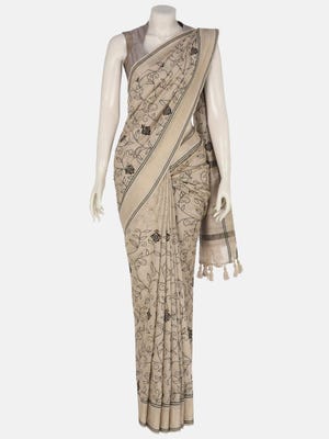Golden Printed and Embroidered Tussar Silk Saree