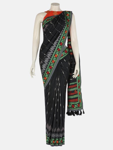 Black Appliqued and Nakshi Kantha Embroidered Silk Saree