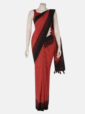 Red Orange Tie-Dyed and Nakshi Kantha Embroidered Silk Saree