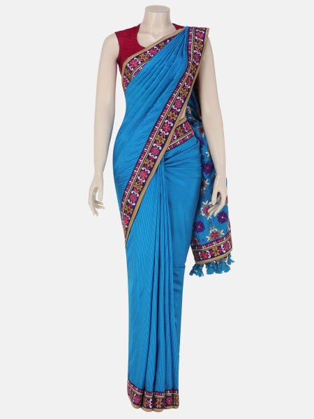 Blue Check Nakshi Kantha Embroidered Silk Saree