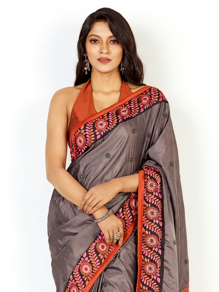 Black Nakshi Kantha Embroidered Silk Saree