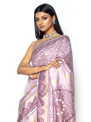 Grey Printed and Embroidered Silk Saree