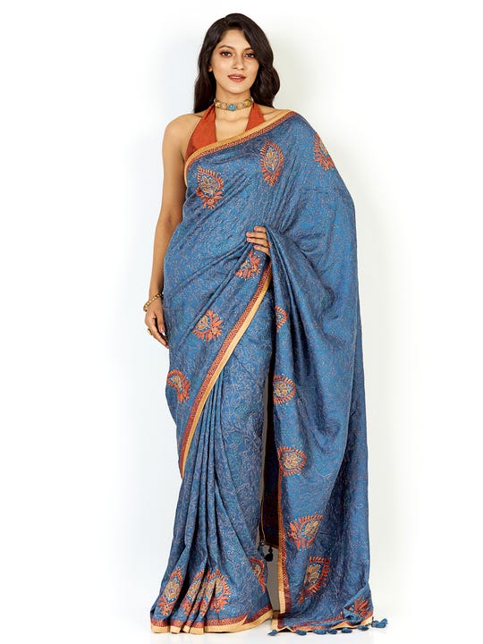 Blue Printed and Nakshi Kantha Embroidered Silk Saree