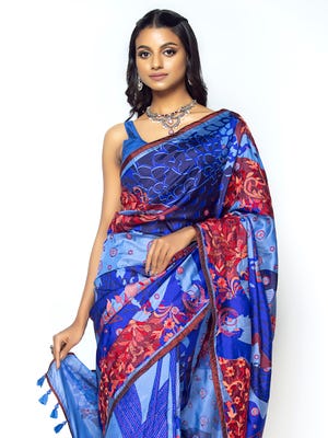 Blue Printed and  Nakshi Kantha Embroidered Silk Saree