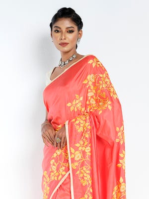 Salmon Pink Nakshi Kantha Embroidered Silk Saree