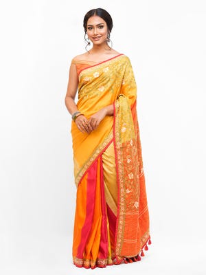 Orange Brush Painted and Nakshi Kantha Embroidered Silk Saree