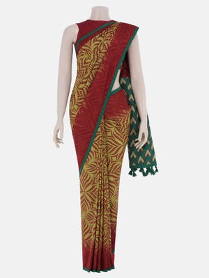 Light Olive Brush Painted Printed and Appliqued Silk Saree
