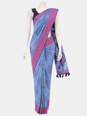 Light Blue Printed and Embroidered Silk Saree 