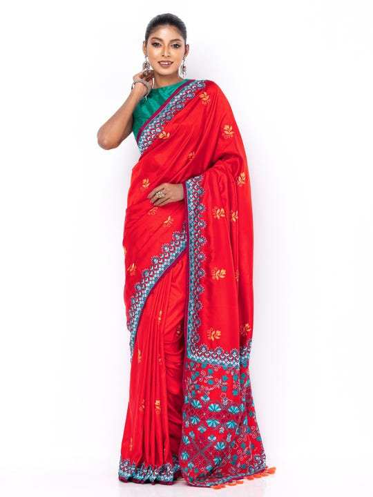 Red Printed and Embroidered Silk Saree