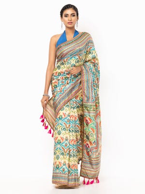 Pastel Yellow Printed and Embroidered Silk Saree